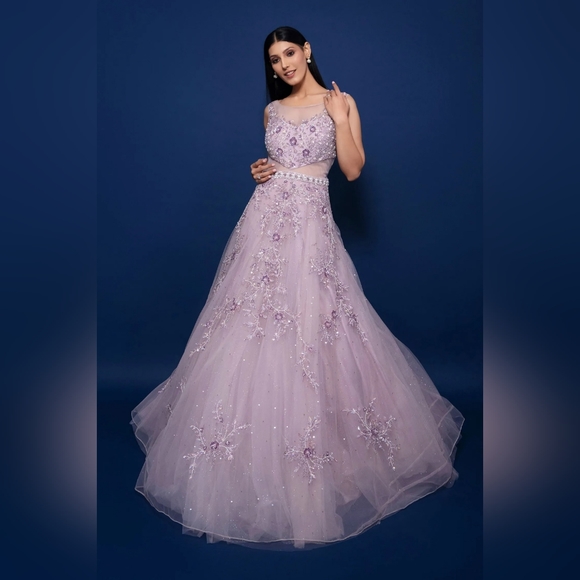 SR Purple Net Sequinned Flared Reception Gown - Picture 1 of 2